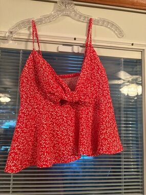 SHEIN Red Floral Tie-Front Spaghetti Strap Tank